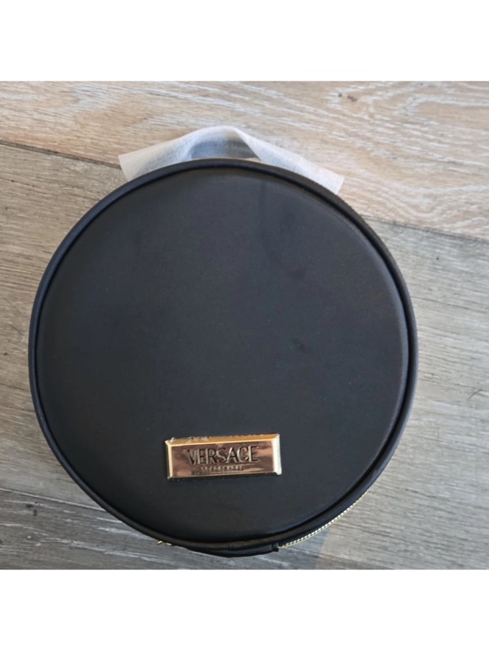 Versace Black Round Leather makeup bag with Gold Logo Plaque